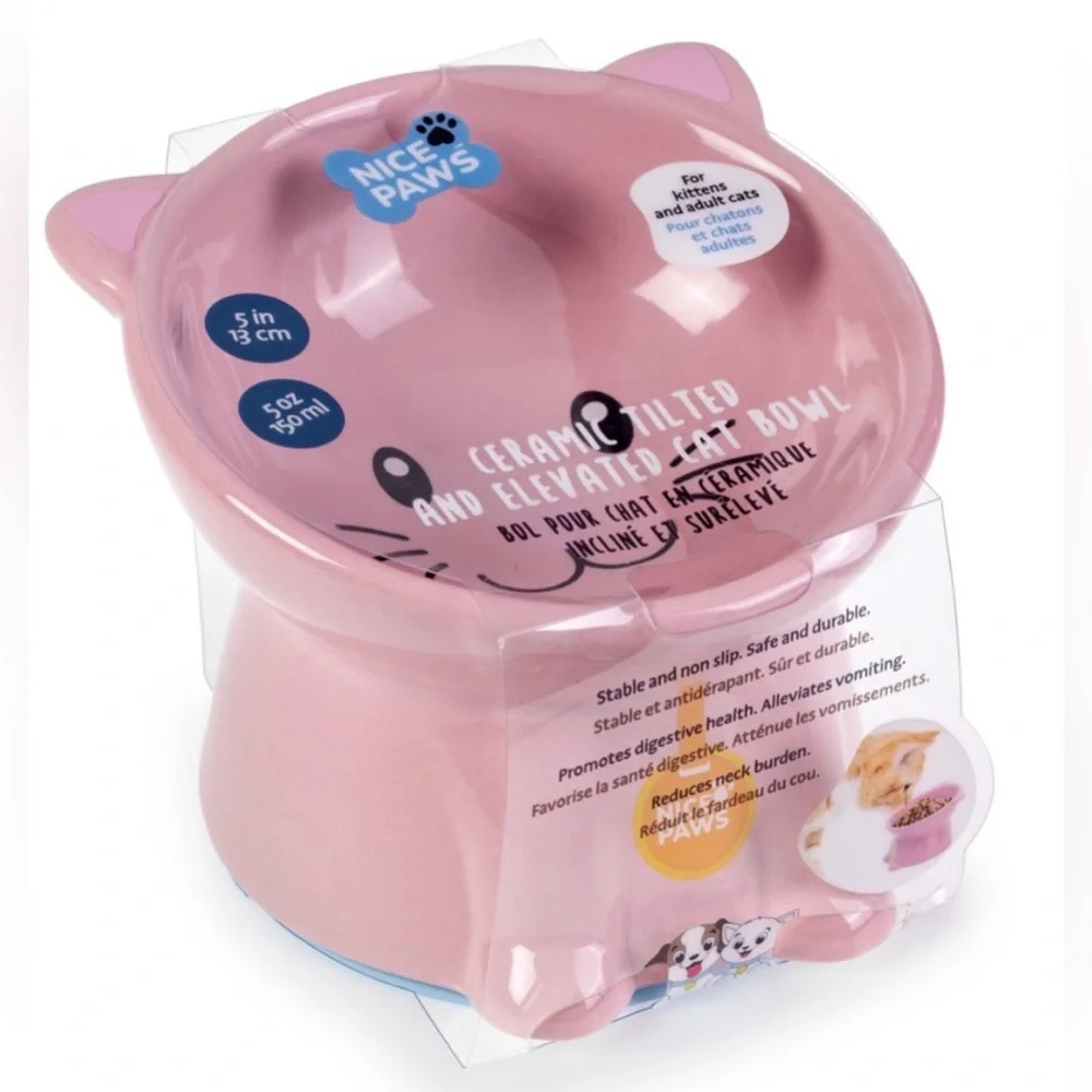 Nice Paws Tilted Cat Bowl - Pink Elevated New